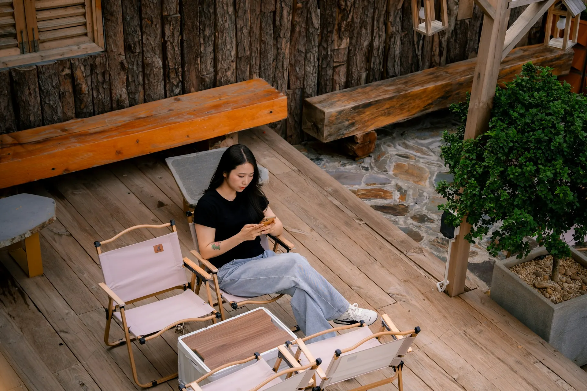Relaxed person outdoors after moving, morning light